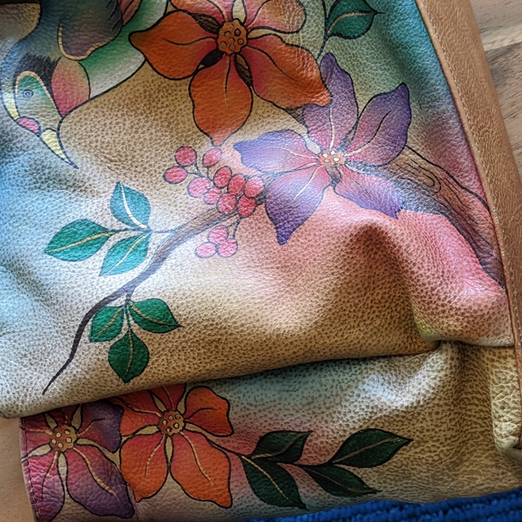 Anna by Anuschka Genuine Leather Large Shopper Bag Bird on Branch Hand Painted - Picture 2 of 16